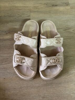 CHANEL Cream Quilted Logo Double-Strap Slide Sandals